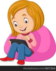Cartoon happy little girl using tablet on sofa