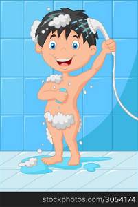 Cartoon happy little kid bathing