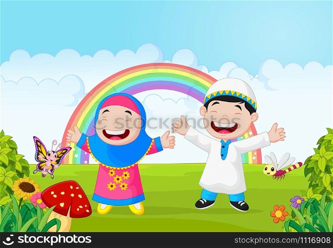 Cartoon happy little kid with rainbow