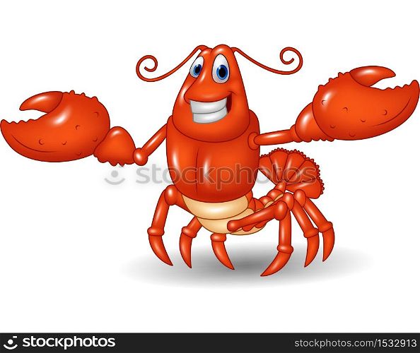 Cartoon happy lobster hands up isolated on white background
