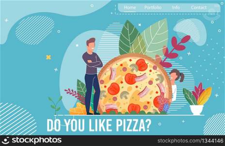 Cartoon Happy Man and Woman Couple Characters and Huge Pizza with Tomatoes, Mushrooms, Sausages, Bacon, Cheese over Foliage. Landing Page Trendy Flat Design for Pizzeria, Bistro. Vector Illustration. Happy Couple and Huge Pizza Landing Page Design