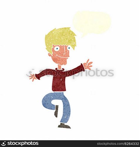 cartoon happy man dancing with speech bubble