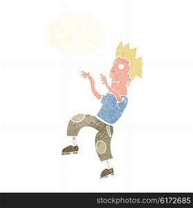 cartoon happy man doing funny dance with thought bubble