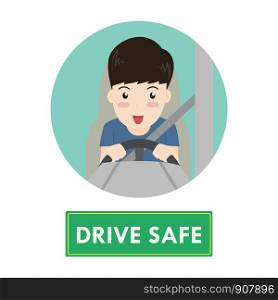 Cartoon happy man drive car safely concept - Vector illustration