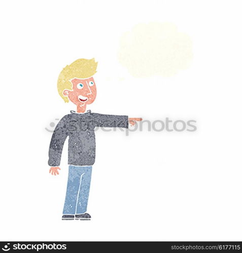 cartoon happy man pointing and laughing with thought bubble