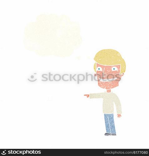 cartoon happy man pointing with thought bubble