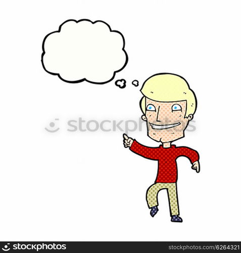 cartoon happy man pointing with thought bubble