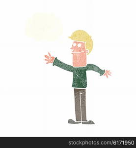 cartoon happy man waving with thought bubble