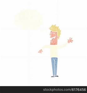 cartoon happy man waving with thought bubble
