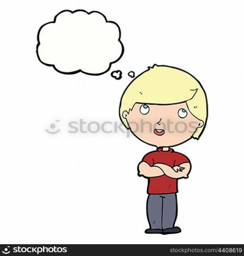 cartoon happy man with folded arm with thought bubble