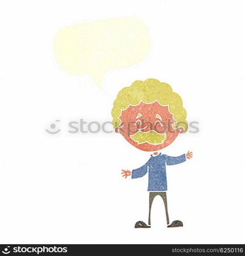cartoon happy man with mustache with speech bubble