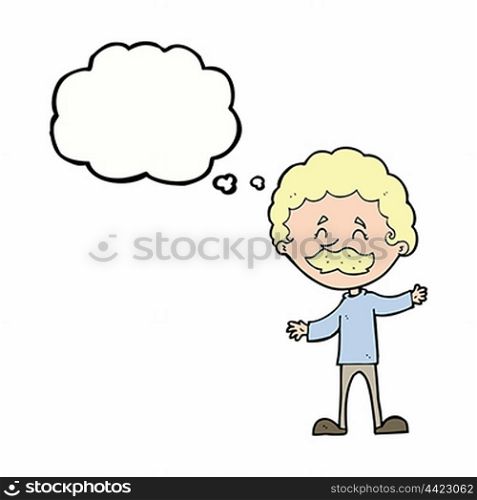 cartoon happy man with mustache with thought bubble
