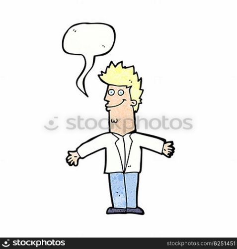 cartoon happy man with open arms with speech bubble