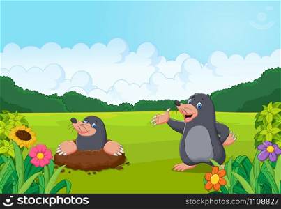 Cartoon happy mole in the forest