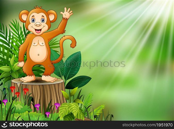 Cartoon happy monkey on tree stump with green plants