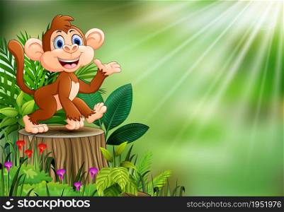 Cartoon happy monkey on tree stump with green plants