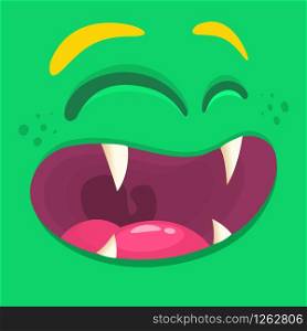 Cartoon happy monster face. Vector Halloween green cool monster avatar