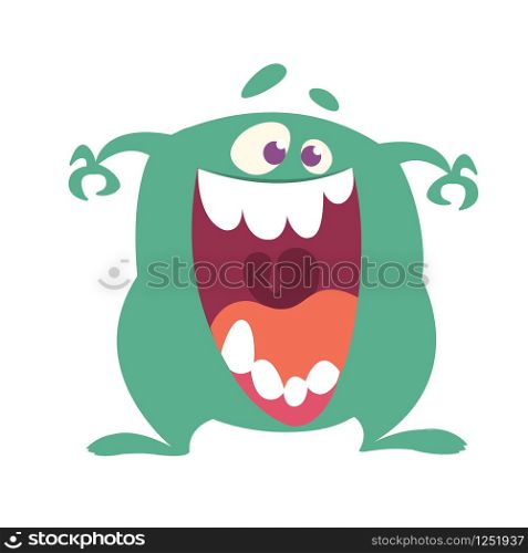 Cartoon Happy Monster With Big Mouth Laughing . Vector illustration of blue monster character. Halloween design. Funny cartoon monster character