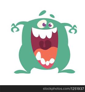 Cartoon Happy Monster With Big Mouth Laughing . Vector illustration of blue monster character. Halloween design. Funny cartoon monster character