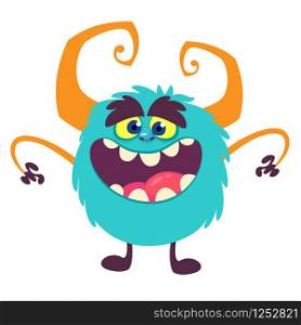Cartoon Happy Monster With Big Mouth Laughing . Vector illustration of blue monster character. Halloween design