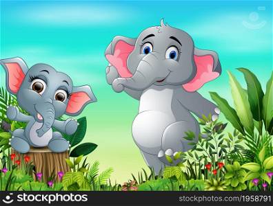 Cartoon happy mother and baby elephant in the park