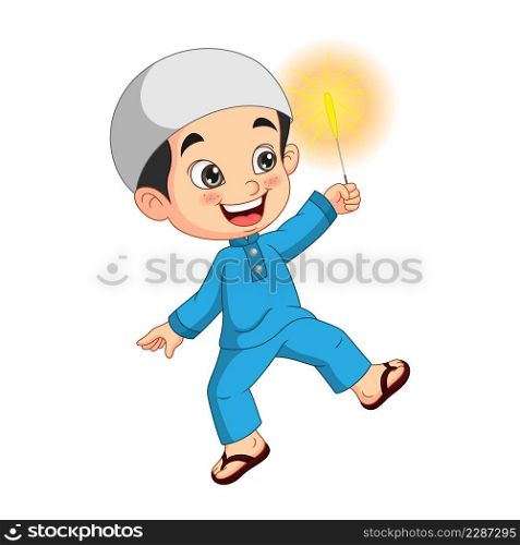 Cartoon happy muslim boy playing firework