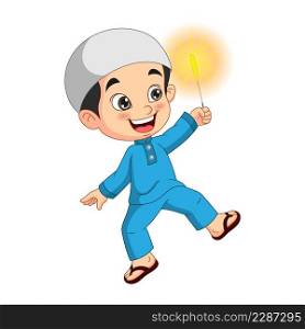 Cartoon happy muslim boy playing firework
