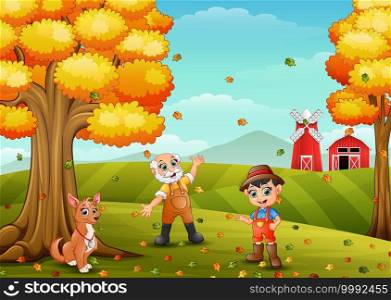 Cartoon happy old farmer and little farmer with his dog in farmyard