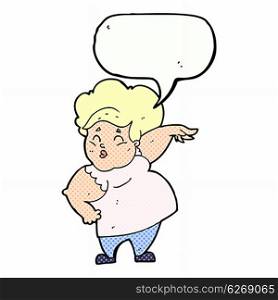 cartoon happy overweight lady with speech bubble