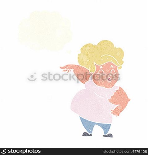 cartoon happy overweight lady with thought bubble