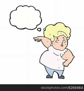 cartoon happy overweight lady with thought bubble