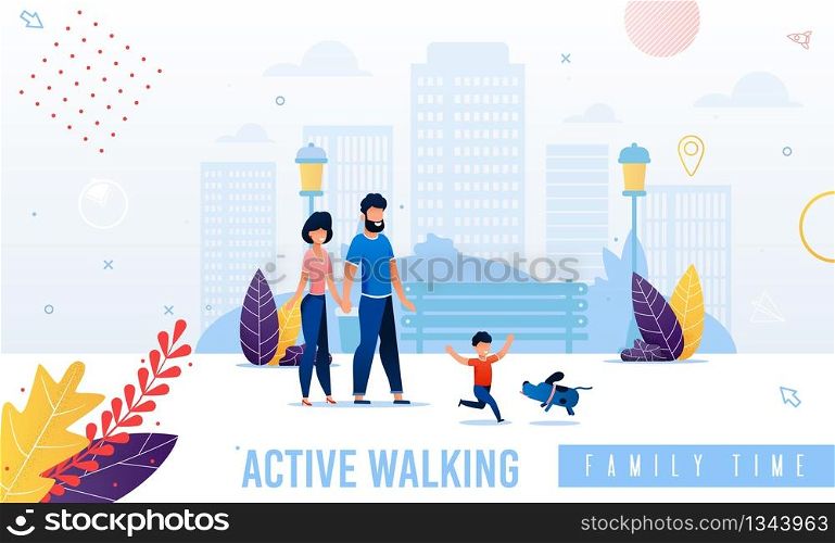 Cartoon Happy Parents and Child Walking in Park Flat Banner. Excited Boy Running after Funny Dog. Active Pastime Spending Together. Family Day Celebration. Rest on Weekend. Vector Illustration. Cartoon Happy Parents and Child Walking Banner