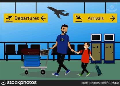 Cartoon happy people and airport trolley with suitcases,Caucasian family at airport,vector illustration. Cartoon happy people and airport trolley with suitcases
