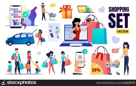 Cartoon Happy People Characters Enjoying Sales and Discounts. Shopping Vector Set. Online Shop. Buy Presents, Groceries via Internet. Mobile Application for Ordering Goods. Flat Illustration. Happy People, Sales, Discount, Shopping Vector Set