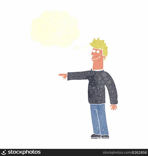 cartoon happy pointing man with speech bubble