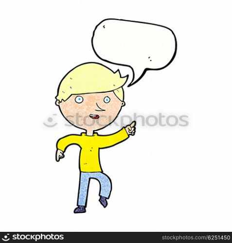 cartoon happy pointing with speech bubble