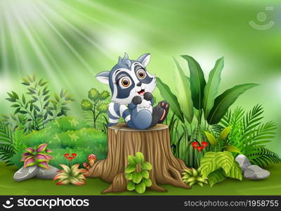 Cartoon happy raccoon on tree stump with green plants
