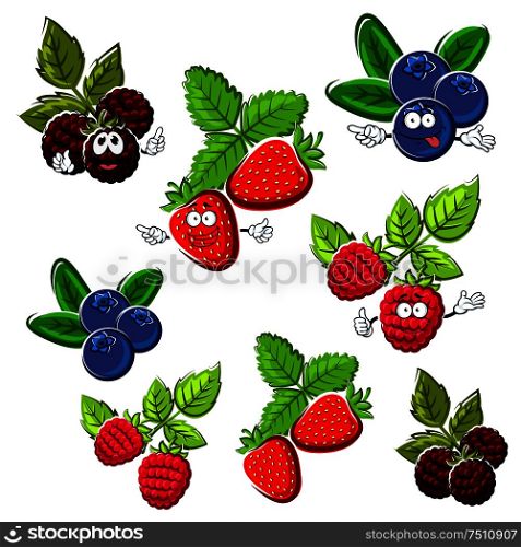 Cartoon happy red strawberry, raspberry, blueberry and blackberry fruits with green leaves. Bright berries for healthy dessert, recipe book or agriculture design