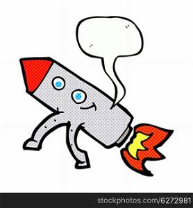 cartoon happy rocket with speech bubble