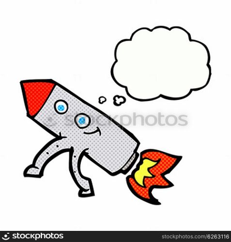 cartoon happy rocket with thought bubble