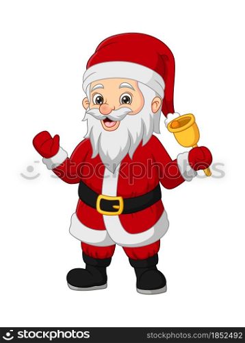 Cartoon happy santa claus ringing a bell