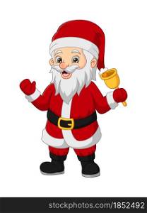 Cartoon happy santa claus ringing a bell