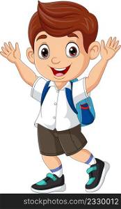 Cartoon happy school boy raising hands