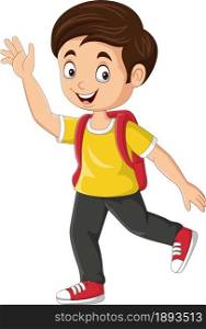 Cartoon happy school boy waving hand