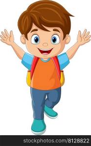 Cartoon happy school boy waving hand