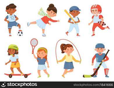 Cartoon happy school children playing sports and exercising. Sport activities for kids baseball, skipping rope, tennis, skateboarding, vector set. Active female and male characters. Cartoon happy school children playing sports and exercising. Sport activities for kids baseball, skipping rope, tennis, skateboarding, vector set