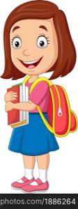 Cartoon happy school girl carrying book and backpack