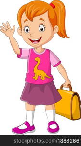 Cartoon happy school girl holding bag