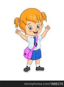Cartoon happy school girl in uniform raising hands