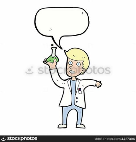 cartoon happy scientist with speech bubble